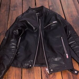Zara Black Leather Bomber Jacket